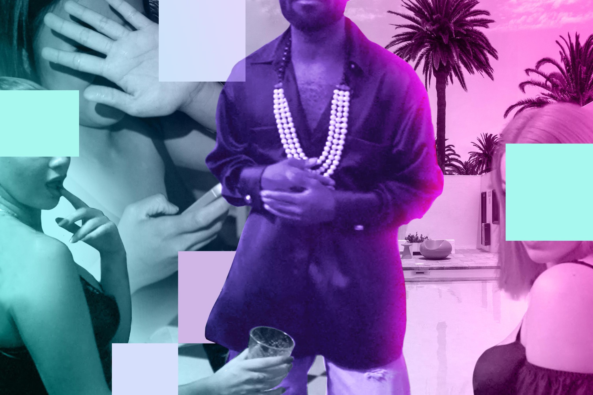 Abstrakte Collage mit Personen, tropischen Palmen und geometrischen Formen. Eine Person im Mittelpunkt mit Perlenkette und Cocktail in der Hand.